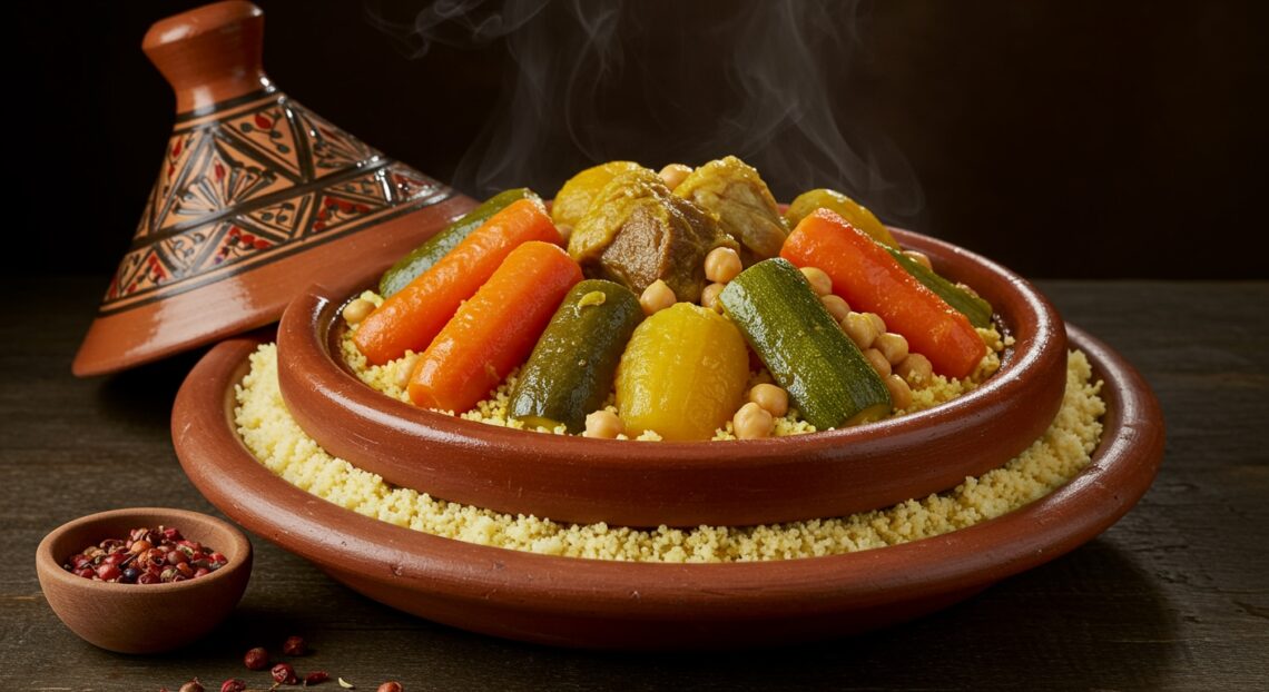 plat de couscous marocain traditionnel avec légumes et viande