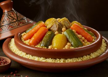 plat de couscous marocain traditionnel avec légumes et viande