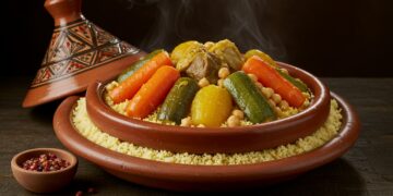 plat de couscous marocain traditionnel avec légumes et viande