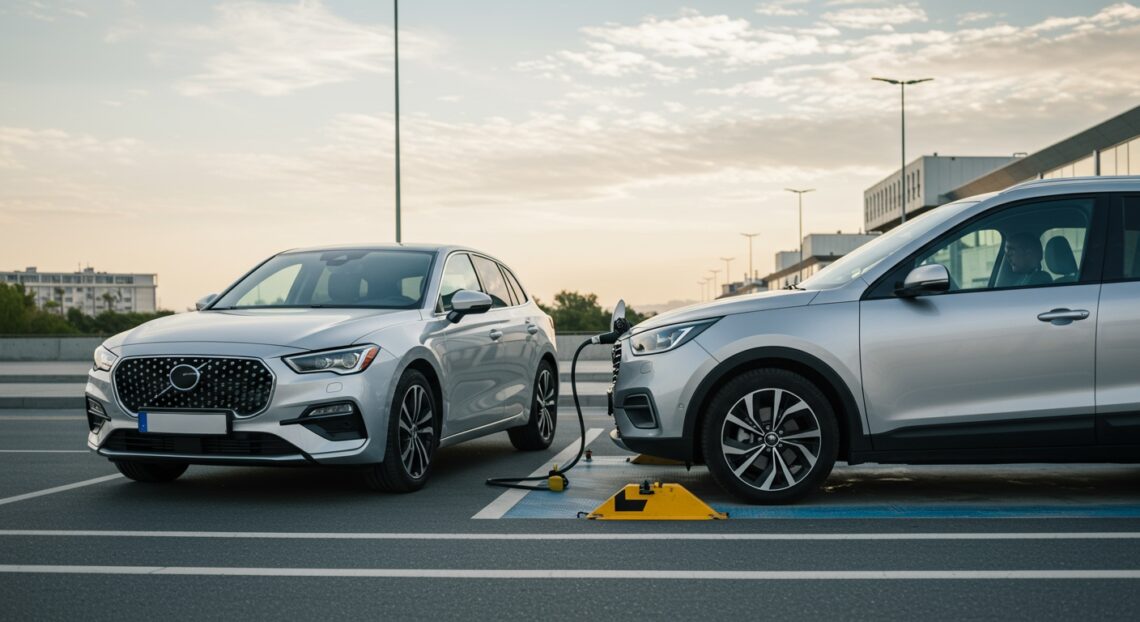 Voiture hybride rechargeable et voiture électrique côte à côte sur une borne de recharge, mobilité verte, avenir automobile, énergies propres