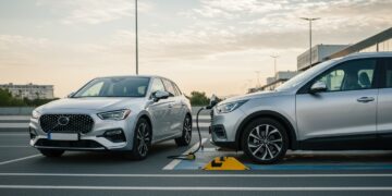 Voiture hybride rechargeable et voiture électrique côte à côte sur une borne de recharge, mobilité verte, avenir automobile, énergies propres